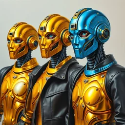 futuristic shiny gold and blue metallic steampunk robot characters standing together, professional group photo, psychedelic vibrant colors, futuristic punk rock fashion, oil painting by michael whelan art, perfect faces, sharp focus, detailed eyes, realistic, leather jacket, 8 k