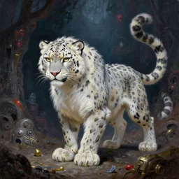 proud and mighty anthro snow leopard girl fursona adventurer with fluffy fur and big floofy feet is hunting for treasures in the grimdarkest dungeon depths, enchanted magical fantasy cyberpunk. oil painting, by james gurney, dan mumford, wayne reynolds, ron spencer, gustave dore
