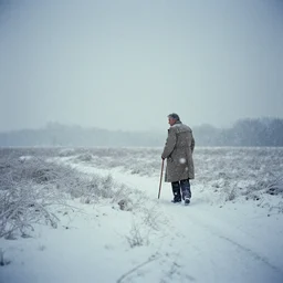 photo of kansas flint hills covered in ice and snow, during a snowstorm. a old man in a trench coat and a cane appears as a hazy silhouette in the distance, looking back over his shoulder. cold color temperature. blue hour morning light, snow storm. hazy atmosphere. humidity haze. kodak ektachrome, greenish expired film, award winning, low contrast.