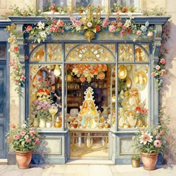 a beautifull intricate watercolour painting of a victorian confectionery shop with many flowers and, reflexions, verry high details by william turner art, greg rutkowski and alphonse mucha, trending on artstation, very very detailed, masterpiece, - n 9