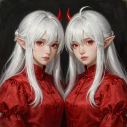Epic rococo painting of two young identical twins, with white skin, long white hair and red eyes. Wearing identical red clothes. Middle age. Devil May cry, ultra-detailed. Anime, pixiv, UHD 8K CryEngine, octane render