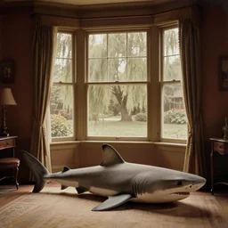 a giant shark on the floor inside of a warmly - lit victorian - era home, looking out the window into a large front yard populated with willow trees, faded daguerreotype, 1 9 1 0 s photography brian skerry
