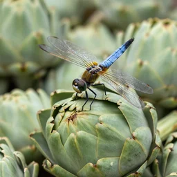 a huge dragonfly on a pile of artichokes - professional photography - documentary