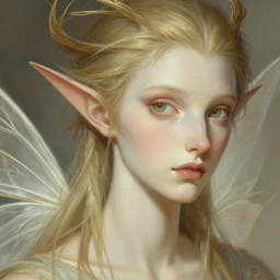 Semi-realistic portrait of male fairy, face, thin, fantasy, intricate, elegant, digital painting, artstation, concept art, smooth, sharp focus, illustration, art by artgerm and greg rutkowski and alphonse mucha