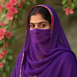 a candid portrait of a hyderabadi female wearing a purple niqab with red ribbon on top, summer bloom, au naturel, hyper detailed, digital art, trending in artstation, cinematic lighting, studio quality, smooth render, unreal engine 5 rendered, octane rendered, art style by klimt, nixeu, ian sprigger, wlop, krenz cushart