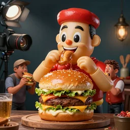 hamburger eating people, large silicon rubber puppet hamburger, professional photography, canon lens