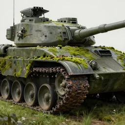 Detailed Extreme Close-Up Of  Military Tanks In Moss And Grass by Greg Rutkowski, masterpiece by Edgar Maxence and Ross Tran and Michael Whelan, gustav dore, 8k, octane render