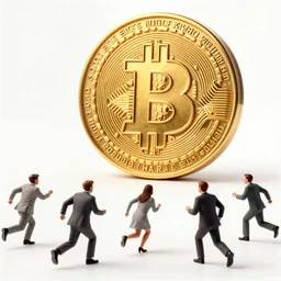 people running away scared from a giant with bitcoin head, cinematic, comic art, hyper-realistic, cryptocurrency, 8k