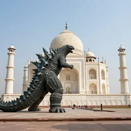 wide angle view, godzilla smashes taj mahal, photorealistic, insanely detailed, daylight, tele photo lens, 8 k