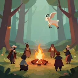 low poly forest with a cult performing a ritual with a bonfire where a goat flies