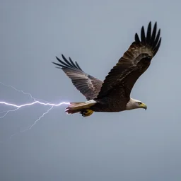 Eagle flying in the sky with lightning trailing it