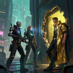 cyberpunk rpg concept art of ai city, main district. a group of three cyborgs stand outside the door of the guild house, arguing loudly about something. one cyborg holds a machine gun with a glowing gem on it, illuminating the faces of his companions, while another cyborg, wearing a golden cloak, leans against the the big hole, listening intently. digital art. trending on artstation.
