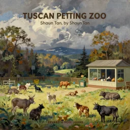 tuscan petting zoo with creatures by shaun tan, wide angle shot, oil on canvas by edward hopper,
