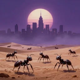 matte painting of ant aliens in a desert, science fiction art, city in the skyline, two suns, gloomy, fog, elaborate, detailed digital art, trending in artstation, purple color lighting