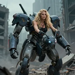 a beautiful blond woman riding a giant robot ant in a destroyed city, 8 k, moody lighting, shallow depth of field,