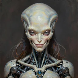 perfectly centered portrait, front view of a beautiful biomechanical android alien robot skull, female, flowing hair, intense stare, sarcastic smile, symmetrical, concept art, intricate detail, volumetric shadows and lighting, realistic oil painting by tim hildebrandt