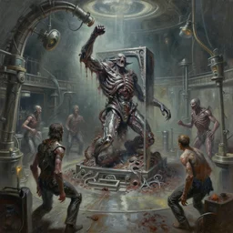 oil paint of 1 1 horrifying rectangle machines as autolysis dethroning whip creature, chromed filth, in medical battle pit, by wayne d barlowe, boris vallejo, stefano tamburini, torch light, muted colors, epic, hyper detailed, awe inspiring, award winning horror, hyper realism, cinematic