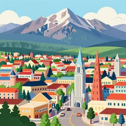 colorful cel-shaded drawing of the city of Stanley, Idaho, with the Sawtooth mountains in the background, by Moebius