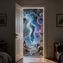a home bedroom door opening portal into another world dimension!! digital art, intricate, highly detailed, dynamic lighting, hyperrealistic, trending on artstation, award - winning art, art by artgerm and greg rutkowski, wlop, octane render, 4 k