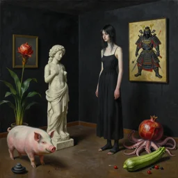 realistic painting of a burnt female artist's apartment, black dripping walls, tall emo girl, stone sculpture, a pig, a samurai painting on black walls, pomegranate, bromeliads, tusks, octopus, a courgette, berries, zen, sensual, surrealist painting by magritte and rousseau and kawase hasui