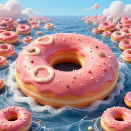 storybook imagery. landscape photography of a turbulent donut ocean that is made up of a sea of giant donuts. claymation. diorama. digital art. colorful. render. 4 k. 8 k. trending. wallpaper.