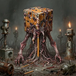 pencils of stacked brutalist medical, flayed elder ruin expanse, dead god, unsymmetrical, horror squid cube colossus, surrounding med equipment, abandoned filthy, too many chemical burns, rusted, macerated, eviscerated by fimbria wires, by v finlay, wayne d barlowe, stefano tamburini, geof darrow, torch light, muted