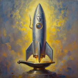 Epic wide angle portrait of Shiva emerging from a lingam shaped rocket ship, oil painting