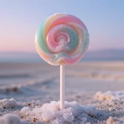 a chupa chups lollipop overgrown with salt crystals in the dead sea, evening, pastel colors, 8 k hd, very detailed, studio lightning, high quality