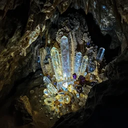 a beautiful cave illuminated by shiny crystals of various colours, dark, by craig mullins