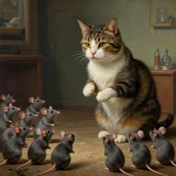a cat teacher teaching a class of mice, surrealist painting, very detailed, 8 k, intricate, dramatic, cinematic