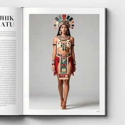 a page of a high - end female fashion magazine, ancient aztec fashion, full body photo of a gorgeous aztec supermodel modeling the latest ancient aztec fashion, high resolution scan of aztec fashion catalog