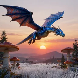 Blue dragon flying over a sunset on an alien world, with a mushroom forest and white grass. Style of Witcher 3. High detail. 4K. Realistic. Colorful and beautiful.