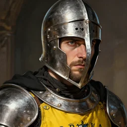 Closeup of frustrated male medieval sergeant with a {short} beard and a steel open face helm wearing a black!!!! and yellow tabard over a steel breastplate and a black gambeson no no no no no helm, intricate, dramatic lighting, illustration by Greg Rutkowski, ArtStation, digital art, fantasy