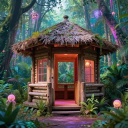 Log Cabin in a vaporwave jungle, 4k Photograph