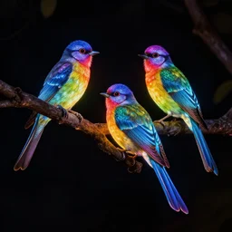 highly detailed realistic colorful glowing birds sitting on tree at dark black night, vibrant colors, award winning masterpiece photography, hyper realistic, concept art, 8 k detail post - processing