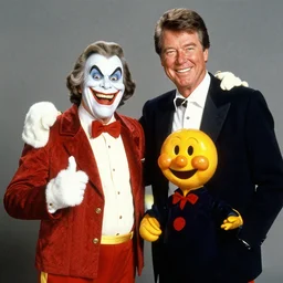 ronald regean posing for publicity photo with the hamburglar, grimace and ronald mcdonald