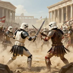 gladiators in stormtrooper helmets, fighting in olympus, with dense crowds and dusty atmospherics, in arkane artstyle, trending in artstation, beautiful composition
