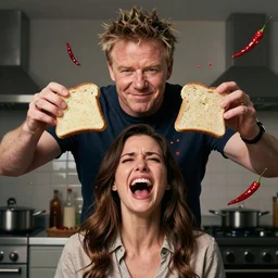 gordon ramsey holding two slices of bread around the head of a screaming woman, chillis fall from the sky, cinematic, hdr, 4 k, ultrarealistic, trending on artstation, trending on deviantart