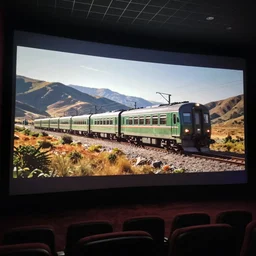 cinema with a train on the film screen.