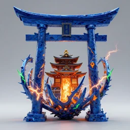 3 d photographic render of a deconstructed blue torii mandelbulb sculpture, orange bioluminescent chrometype, made of liquid metal, neotribal with thorns and green thunders, cyberpunk japanese temple, raytraced, hyper realistic, volumetric lightning, 8 k, by zhelong xu, ouchh and and innate studio