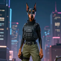 beautiful portrait commission of a female furry anthropomorphic doberman wearing a bullet proof vest and cargo pants. cyberpunk city at night in the rain. neon light. atmospheric. character design by charlie bowater, ross tran, artgerm, and makoto shinkai, detailed, inked, western comic book art