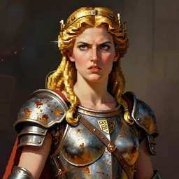 the Greek godess Hera looking angry, rusty armor, portrait, pixel art by Artgerm and Greg Rutkowski and Alphonse Mucha