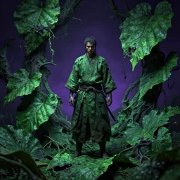a samurai standing in a highly detailed over dimensional green leaves that are not from this world decaying with black vaines, dark fantasy, photorealism, unreal engine, purple hue