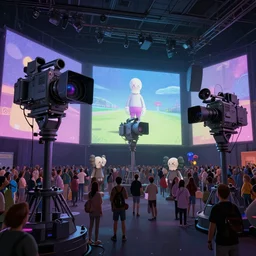animated film festival, psychadelic cameras and projectors, projection screens, giant cameras, metaverse crowds, 3 d render, in the style of kaws and peter mohrbacher