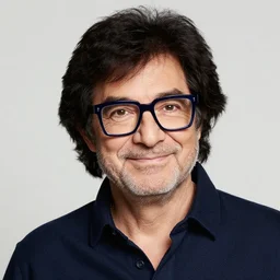 beautiful portrait photograph of a bob ross wearing dark - blue square glasses, simple background, studio lighting