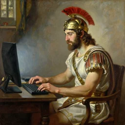 oil painting of a greek warrior is sitting at a computer in a room, art by anders zorn, wonderful masterpiece by greg rutkowski, beautiful cinematic light, american romanticism by greg manchess, jessica rossier and norman rockwell