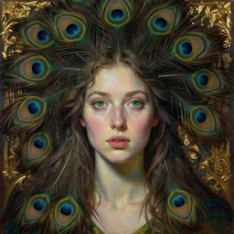 dynamic composition, a painting of a woman with green eyes and hair made of peacock plummage, a surrealist painting by Tom Bagshaw and Jacek Yerga, featured on cgsociety, pop surrealism, surrealist, wiccan, pre-raphaelite, ornate gilded details