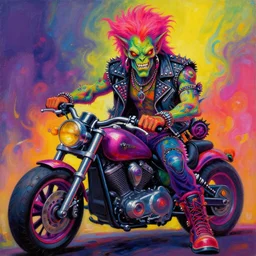 an apocalyptic demonic orcish goblin biker character, psychedelic vibrant colors, futuristic punk rock fashion, oil painting by michael whelan art, 8 0 s hair, studded leather jacket
