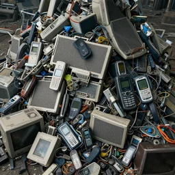 realistic photo of piles of electronic waste of computers, mobiles and other items, very sharp focus, very hyper realistic, art of greg rutsowski, highly detailed, fantasy art station