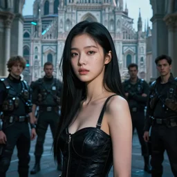 lee jin - eun emerging from renaissance italy into a cyberpunk mutiversal realm by conrad roset, nicola samuri, dino valls, m. w. kaluta, jakub rebelka, rule of thirds, seductive look, beautiful